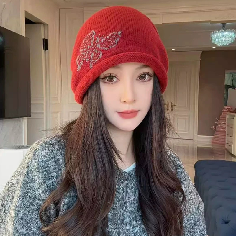 蝴蝶提花毛线堆堆帽女秋季保暖