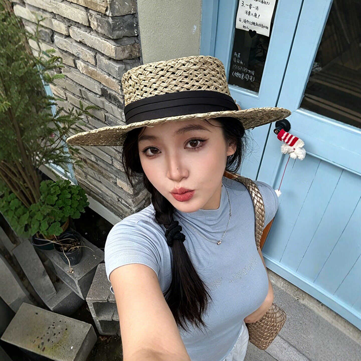 法式老钱风缎带平顶防晒草帽女