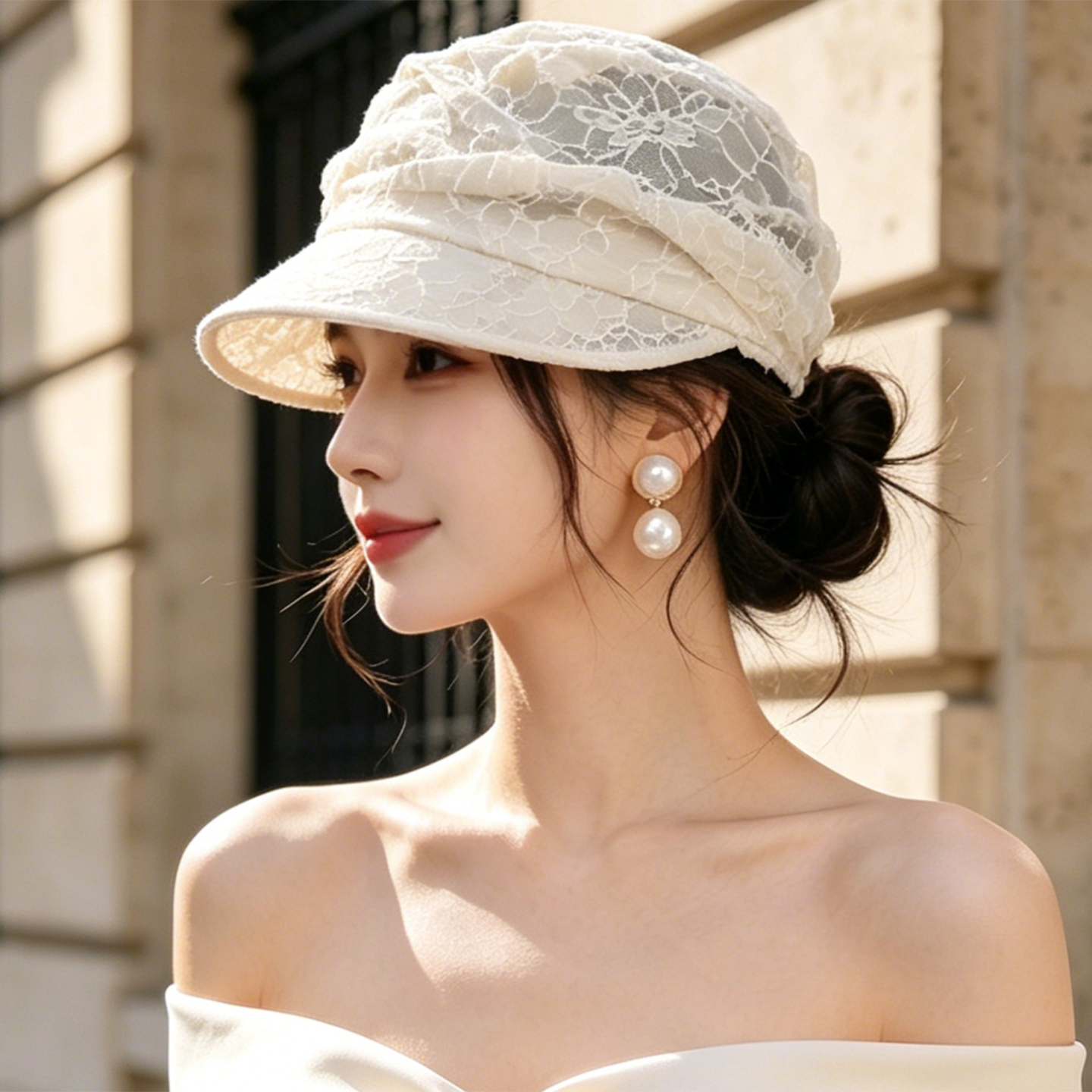 复古蕾丝网纱前进帽女春夏防晒