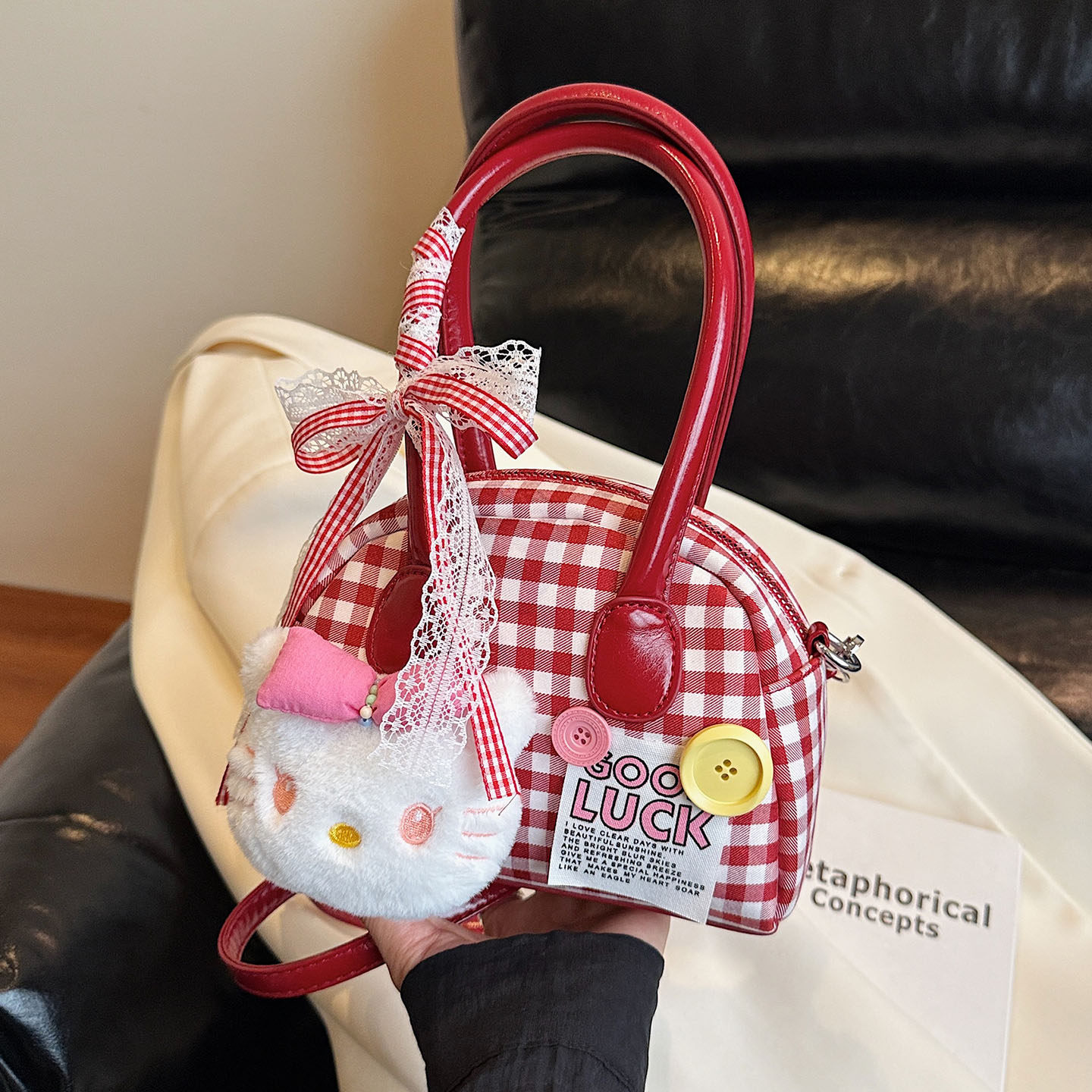 儿童韩版可爱ins猫咪贝壳包2025新款女童格子手提气质时尚斜挎包6