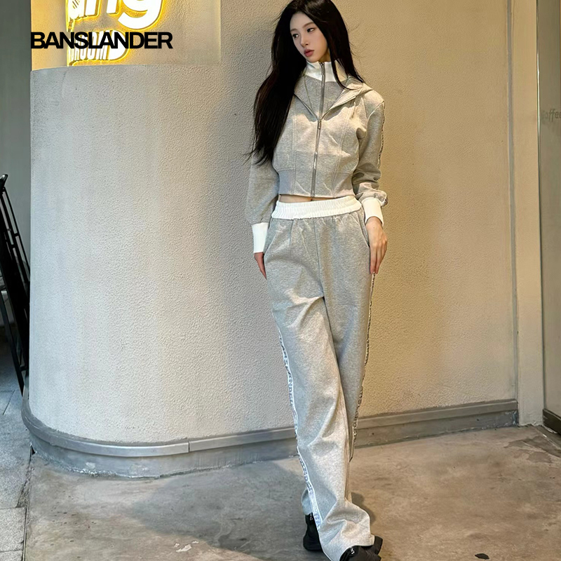 BANSLANDER双领设计连帽满天星闪钻休闲套装短款收腰拉链运动套装