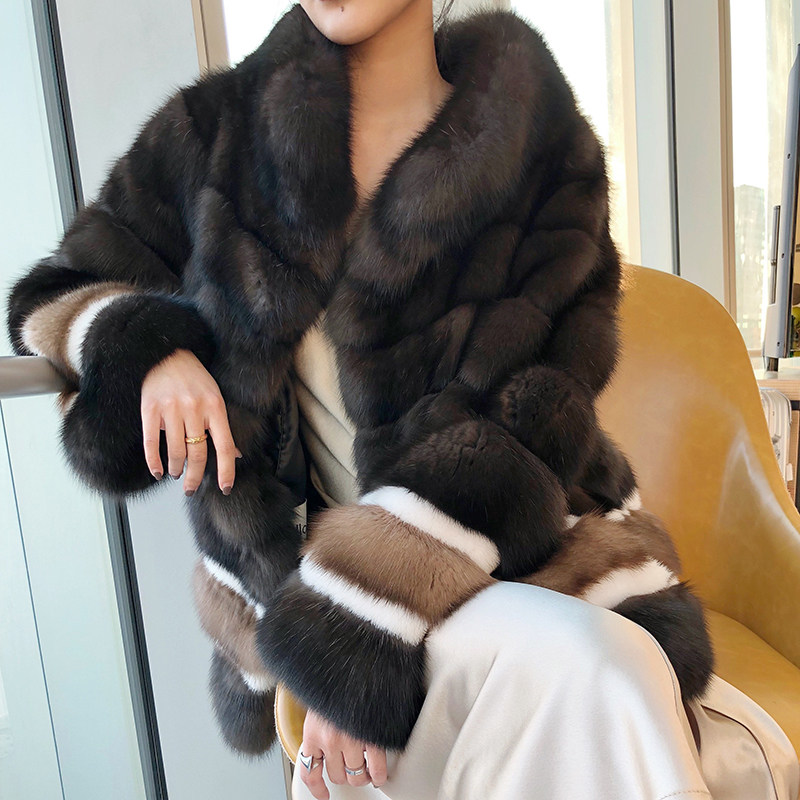 北京山鬼皮草意大利品牌深本色紫貂中长款下摆三色撞色