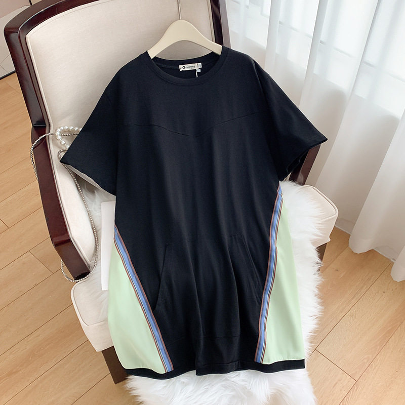 2026新款拼色春夏季大码女装胖妹妹少女韩版圆领撞色短袖T恤上衣