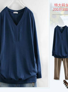 新春款特大码新款秋冬装女上衣春秋250斤显瘦宽松长袖T恤棉上衣