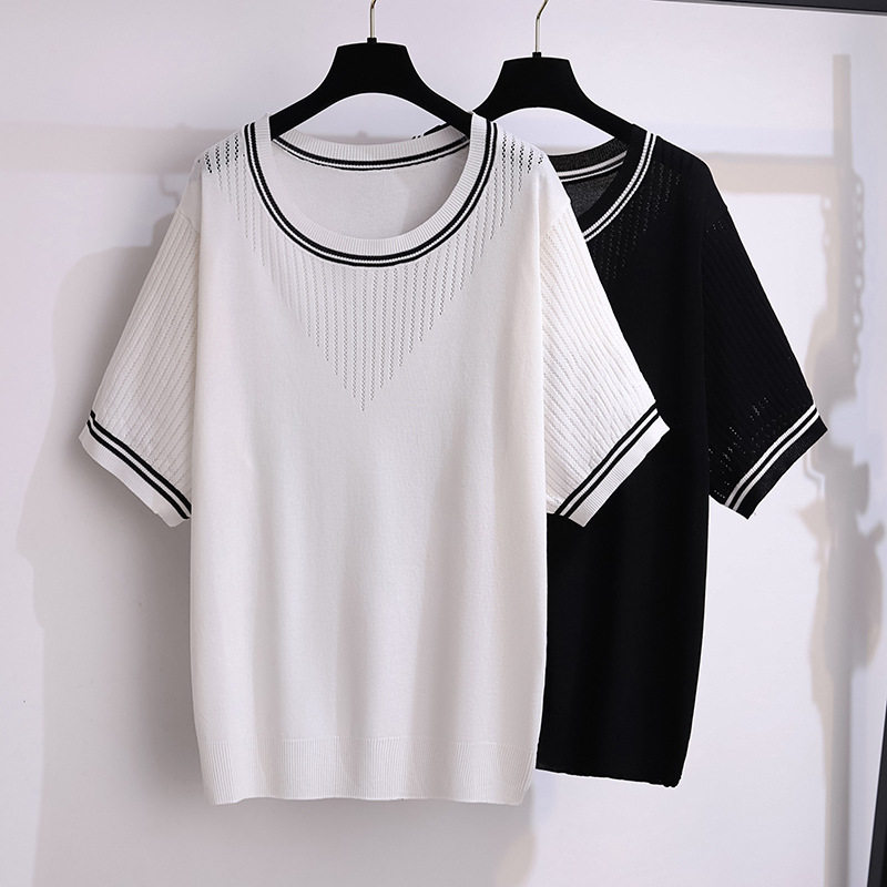 春夏新款2026大码女装冰丝针织上衣胖mm圆领短袖T恤简约舒适上衣