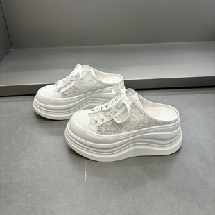 真皮包头半拖鞋 女厚底增高8CM白色蕾丝包头拖 新款 巨好看2026夏季