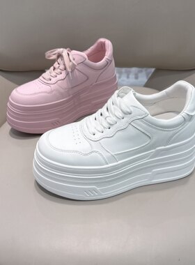 欧洲站2026年春季新款真皮厚底松糕鞋小个子系带白色增高小白鞋女