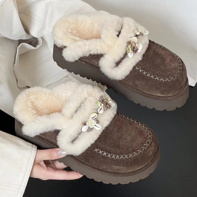 欧货皮毛一体勃肯包头拖女2025新款真皮复古厚底毛毛半拖鞋女外穿