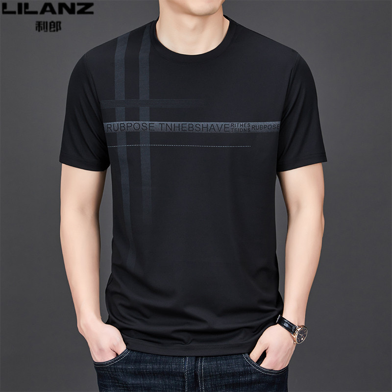 利郎男装短袖T恤夏季新款圆领冰丝上衣男士时尚休闲印花半袖体恤