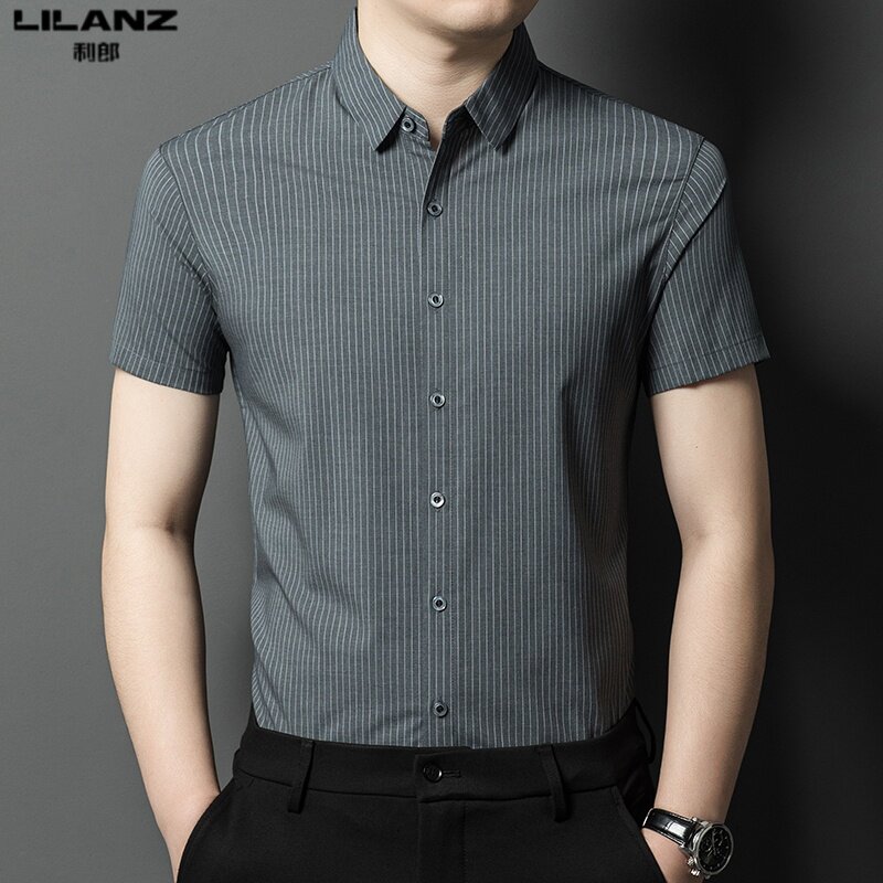 2026利郎男装短袖衬衫夏季新款冰丝条纹寸衫中青年商务休闲衬衣潮
