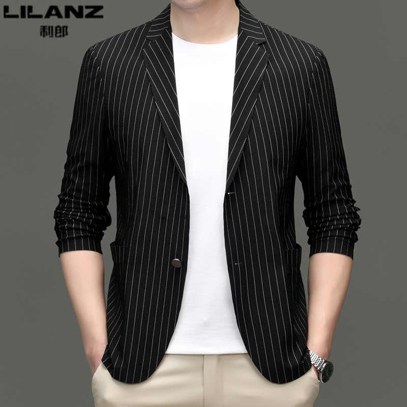 利郎男装休闲西服春夏季薄款条纹单西外套男士新款时尚修身西装潮