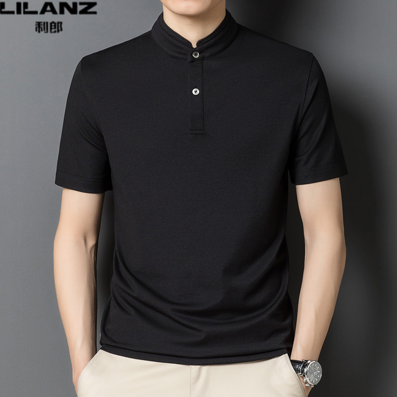 利郎短袖t恤男夏季桑蚕丝中式立领休闲上衣男士纯棉纯色Polo衫潮
