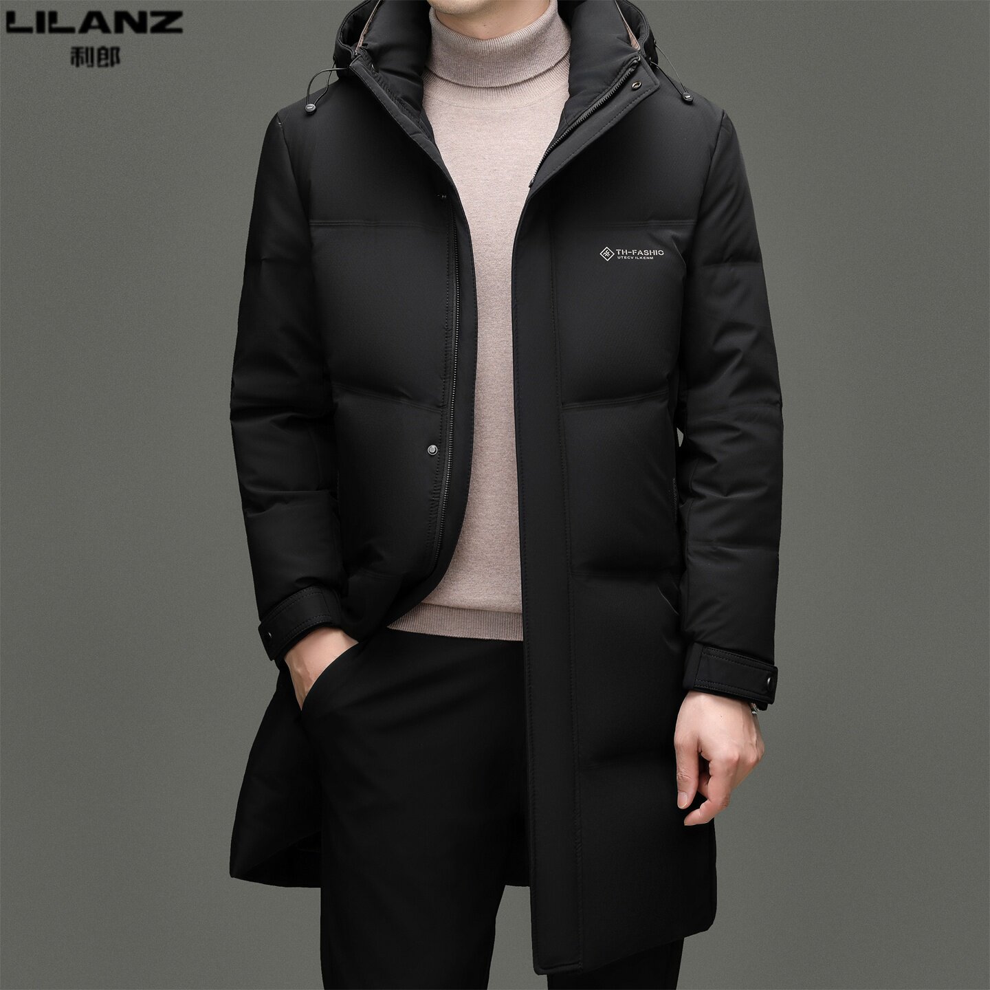 利郎男装中长款连帽羽绒服2025新款冬季加厚保暖韩版纯色休闲外套