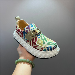 个性鞋潮流厚底豆豆鞋男款透气花布鞋时尚新款休闲鞋乐福鞋懒人鞋