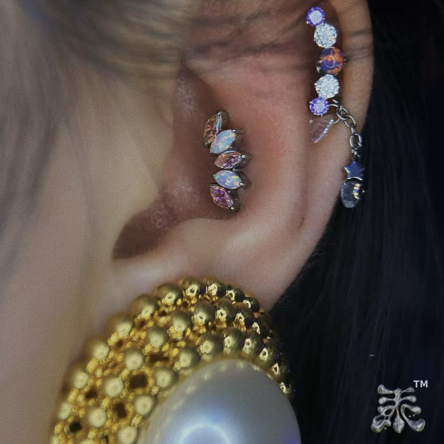 五连扇形锆石欧泊拼接弧形耳骨钉