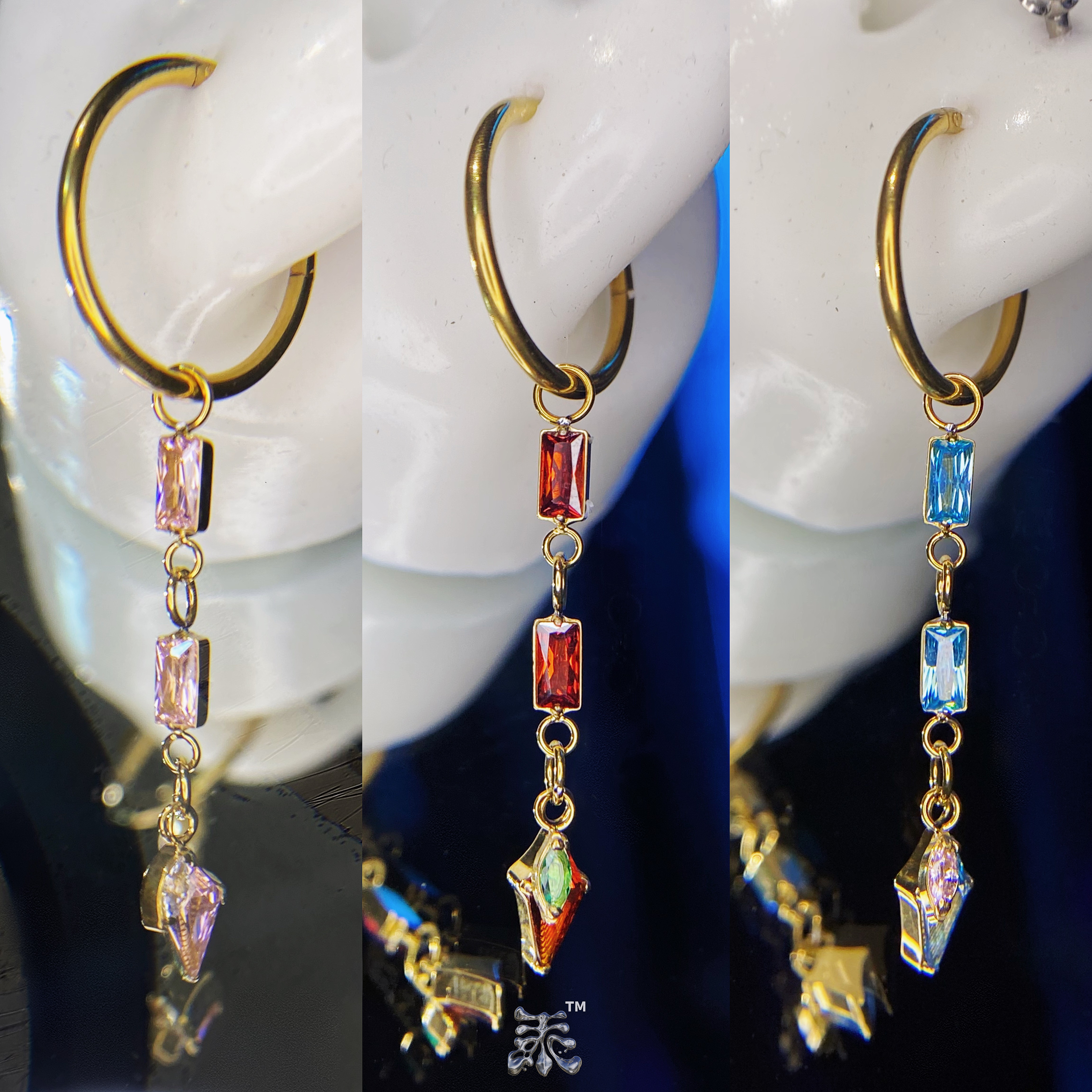 三段锆石双拼长链钛合金耳钉配件