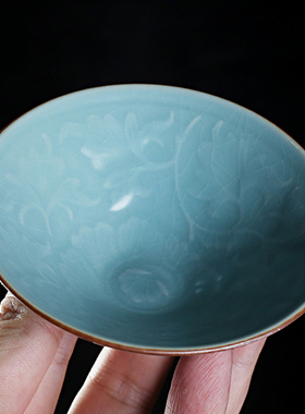 汝窑斗笠杯茶杯陶瓷功夫品茗杯家用浮雕天青汝瓷可养主人杯单杯