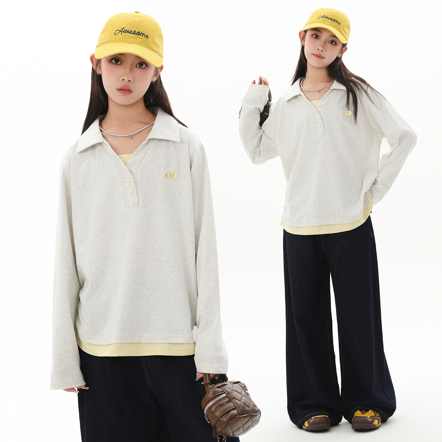 胖女童假两件打底衫大码2026新款初中女生大童宽松polo衫长袖t恤