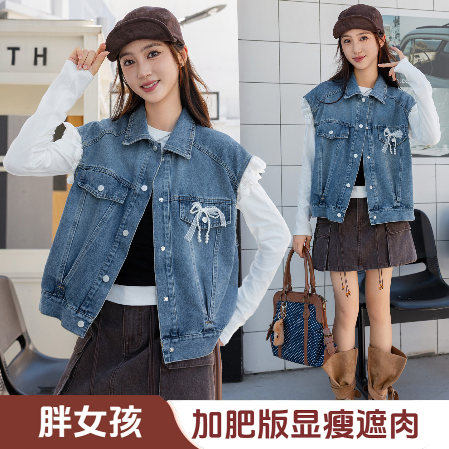 胖女童牛仔马甲春秋洋气外穿