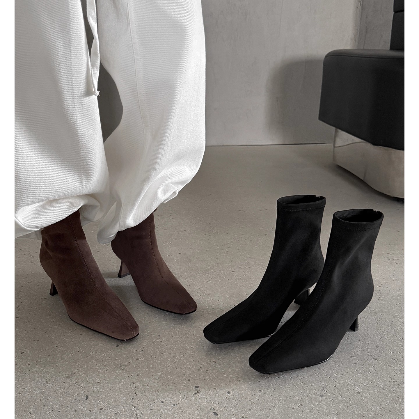 6cm细跟方头弹力瘦瘦靴女袜靴秋冬季法式复古高跟马丁及踝裸短靴
