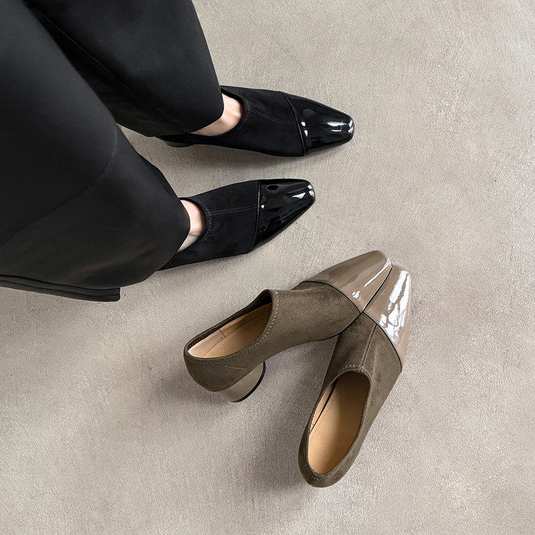 真皮绒面拼接4cm粗跟方头单鞋女早春新款时尚百搭舒适深口乐福鞋,女鞋,深口单鞋,淘宝优惠券,粉丝福利购,淘宝优惠卷