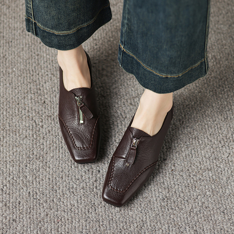 软真皮3cm粗跟前拉链深口单鞋女早春新款复古商务通勤小皮鞋乐福