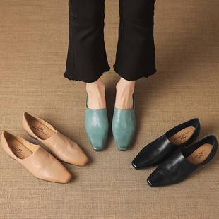 软真皮 女春秋复古小皮鞋 休闲百搭方头乐福鞋 2.5cm低粗跟深口单鞋