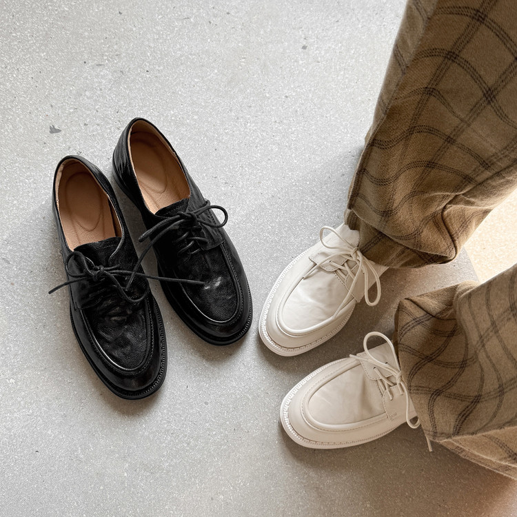 真皮3cm粗跟系带小皮鞋女春秋时尚休闲英伦风帅气乐福鞋深口单鞋