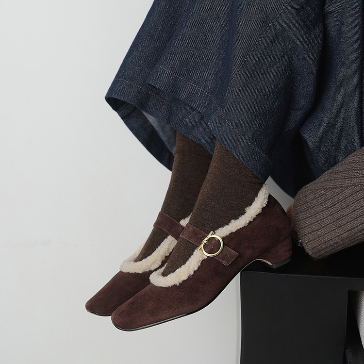 羊翻皮3cm粗跟方头玛丽珍单鞋女冬季加绒保暖时尚气质毛毛棉鞋靴