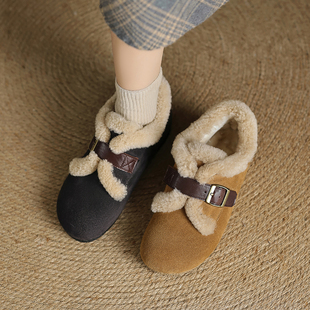 真皮羊皮毛一体勃肯鞋女加绒单鞋冬法式保暖平底深口马丽珍毛毛鞋