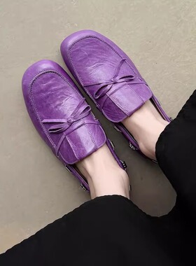 里外全真皮平底深口单鞋女早春小皮鞋四季休闲百搭懒人乐福鞋紫色