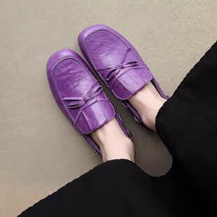 里外全真皮平底深口单鞋女早春小皮鞋四季休闲百搭懒人乐福鞋紫色