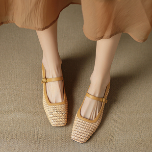 法式优雅3.5cm粗跟镂空玛丽珍单鞋女时尚方头浅口编织包头凉女鞋