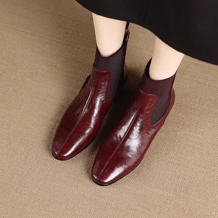 软真皮松紧口切尔西短靴女春秋单靴及踝裸靴酒红色复古平底马丁靴,女鞋,切尔西靴,淘宝优惠券,粉丝福利购,淘宝优惠卷