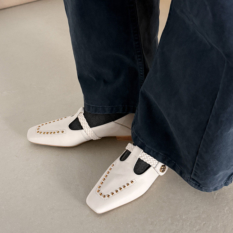 铆钉真皮平底玛丽珍单鞋女四季休闲英伦风复古编织带丁字鞋米白色,女鞋,深口单鞋,淘宝优惠券,粉丝福利购,淘宝优惠卷