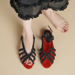 小众渡假风~手工编织平底凉鞋女夏时尚简约细带镂空露趾罗马鞋