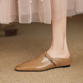 法式 女包头外穿春秋丁字扣玛丽珍单凉拖穆勒 复古内增高尖头半拖鞋