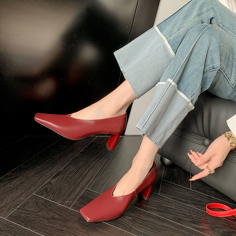 V口高跟鞋奶奶鞋小众气质粗跟