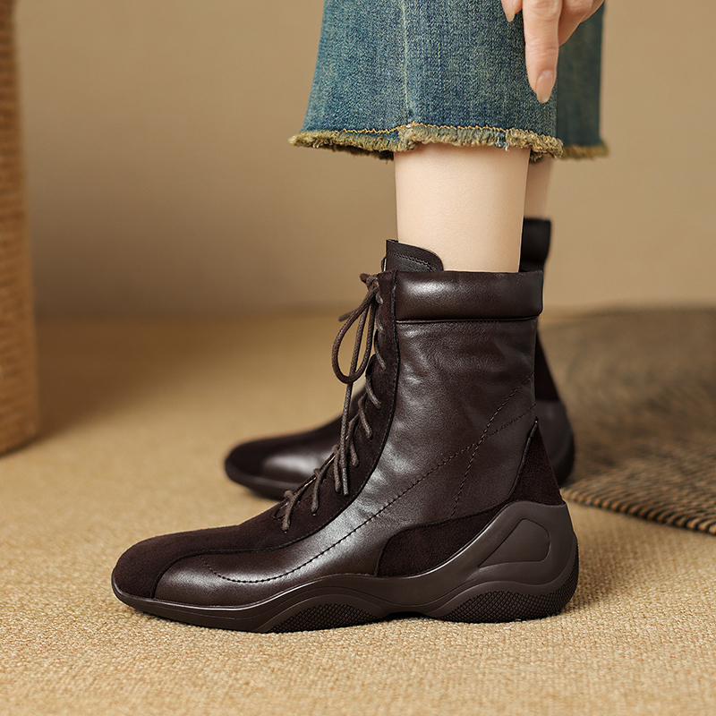 巨软真皮4.5cm内增高马丁靴女2024秋冬新款休闲鞋子高帮系带短靴