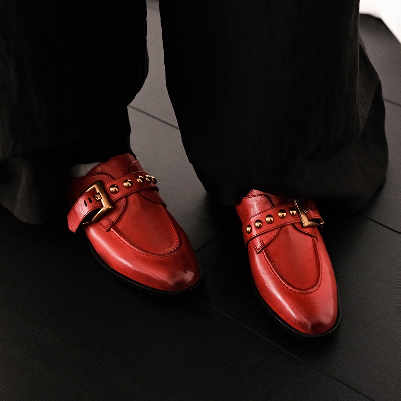 重工~头层牛皮~英伦风复古小皮鞋女红色时尚铆钉帅皮带扣乐福单鞋