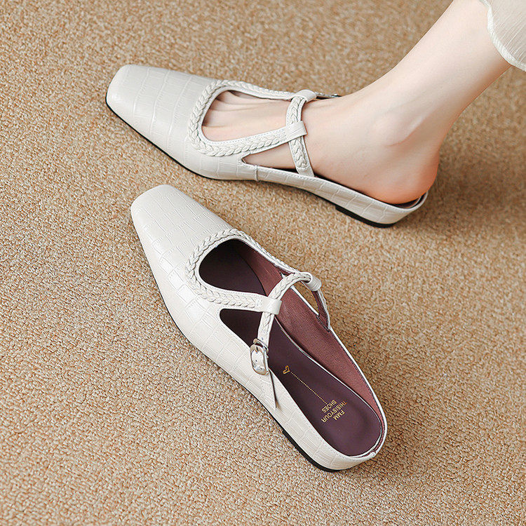 压花牛皮内增高包头半拖鞋女春夏外穿法式编织方头T带凉拖穆勒鞋