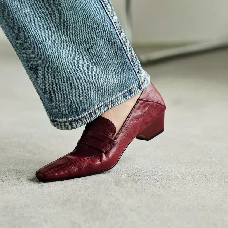 头层水洗羊皮~4cm粗跟深口单鞋女春秋小皮鞋商务复古乐福鞋酒红色,女鞋,深口单鞋,淘宝优惠券,粉丝福利购,淘宝优惠卷