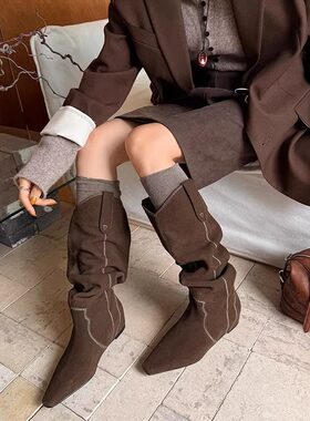 牛翻皮3.5cm内增高长靴女大筒围堆堆靴复古ins潮时髦精高筒西部靴