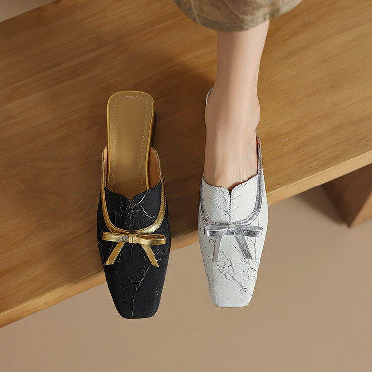 新中式印花布方头半拖鞋女春夏外穿优雅气质粗跟包头凉拖穆勒鞋