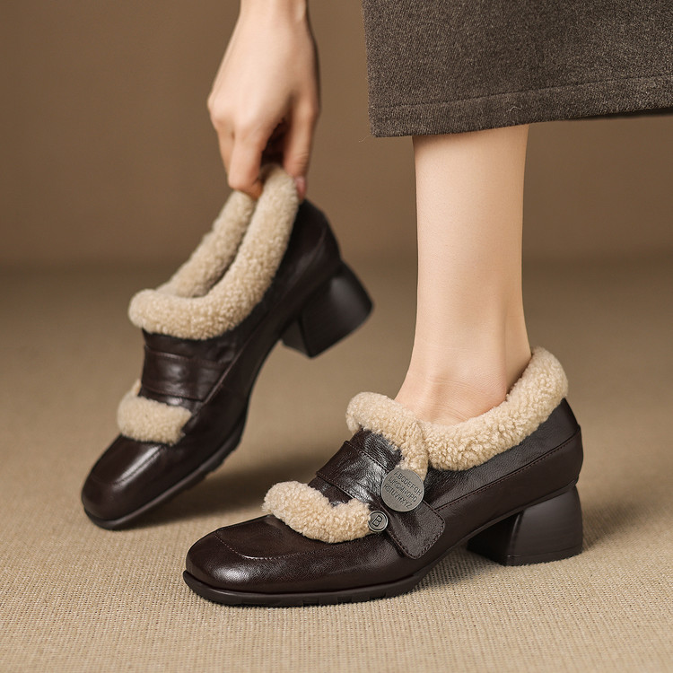 软羊皮4cm粗跟方头加绒里毛毛单鞋女冬季时尚正装商务保暖小皮鞋