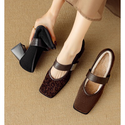 真皮羊羔毛5.5cm高粗跟玛丽珍单鞋女秋冬法式复古保暖加绒毛毛鞋