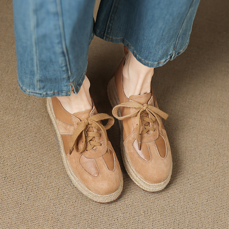 真皮5cm厚底草编坡跟松糕鞋女早春时尚潮休闲小个子系带深口单鞋