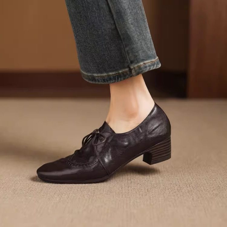 真皮4cm粗跟系带单鞋女四季低帮小皮鞋休闲复古深口中跟乐福鞋,女鞋,深口单鞋,淘宝优惠券,粉丝福利购,淘宝优惠卷