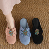 气质水钻蝴蝶结穆勒凉拖鞋 真皮3cm粗跟半包头拖鞋 女春秋外穿时尚