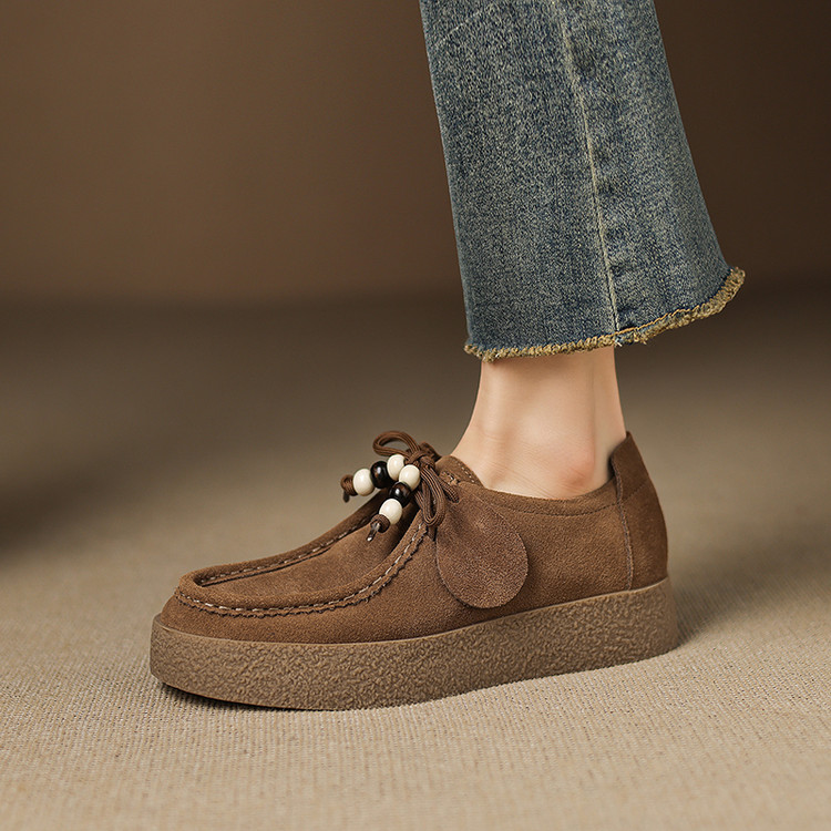 巨软舒适~牛反绒3.5cm厚底袋鼠鞋女春秋四季松糕系带休闲深口单鞋